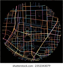 Map of Hefei, Anhui with all major and minor roads, railways and waterways. Colorful line art on black background.