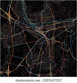 Map of Heidelberg, Baden-Wuerttemberg with all major and minor roads, railways and waterways. Colorful line art on black background.