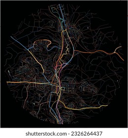 Map of HeidenheimanderBrenz, Baden-Wuerttemberg with all major and minor roads, railways and waterways. Colorful line art on black background.