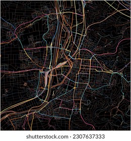 Map of Heilbronn, Baden-Wuerttemberg with all major and minor roads, railways and waterways. Colorful line art on black background.