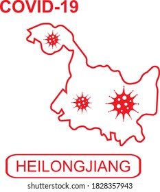 Map of Heilongjiang labeled "COVID-19". Red outline map on a white background. Vector illustration of a virus, coronavirus, epidemiology.