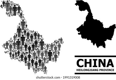 Map of Heilongjiang Province for demographics promotion. Vector demographics abstraction. Pattern map of Heilongjiang Province made of guy icons. Demographic concept in dark gray color variations.