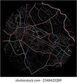 Map of Heinsberg, North Rhine-Westphalia with all major and minor roads, railways and waterways. Colorful line art on black background.