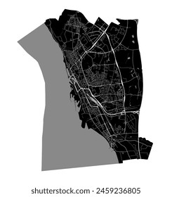 Karte von Helsingborg, Schweden. Detaillierter Stadtplan, Metropolregion mit Vektorgrafik. Schwarz-weiße Straßenkarte mit Straßen und Wasser.