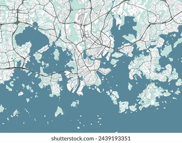 Map of Helsinki, Finland. Detailed city vector map, metropolitan area. Streetmap with roads and water.