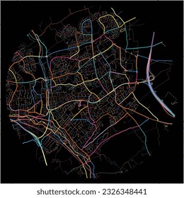 Map of HemelHempstead, East of England with all major and minor roads, railways and waterways. Colorful line art on black background.