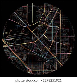 Map of Henderson, Nevada with all major and minor roads, railways and waterways. Colorful line art on black background.