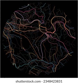 Map of HennefSieg, North Rhine-Westphalia with all major and minor roads, railways and waterways. Colorful line art on black background.