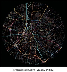 Map of Herford, North Rhine-Westphalia with all major and minor roads, railways and waterways. Colorful line art on black background.