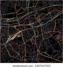 Map of Herne, North Rhine-Westphalia with all major and minor roads, railways and waterways. Colorful line art on black background.