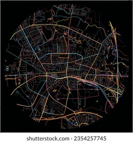 Map of Herning with all major and minor roads, railways and waterways. Colorful line art on black background.