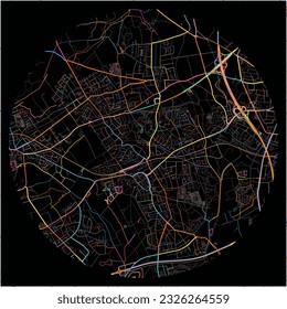 Map of Herten, North Rhine-Westphalia with all major and minor roads, railways and waterways. Colorful line art on black background.