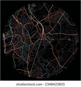 Map of Herzogenrath, North Rhine-Westphalia with all major and minor roads, railways and waterways. Colorful line art on black background.