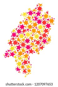Map of Hesse State created with colored flat stars. Vector colored geographic abstraction of map of Hesse State with red, yellow, orange stars. Festive collage design for holiday illustrations.