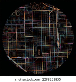 Map of Hialeah, Florida with all major and minor roads, railways and waterways. Colorful line art on black background.