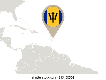 Map with highlighted Barbados map and flag