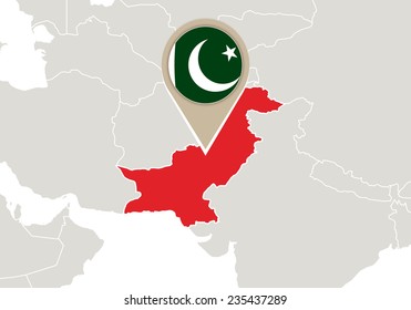 Map with highlighted Pakistan map and flag