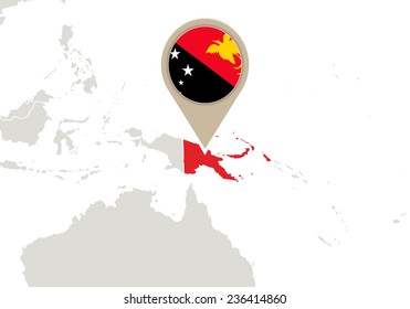 Map with highlighted Papua New Guinea map and flag