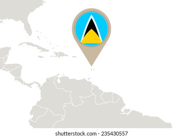 Map with highlighted Saint Lucia map and flag
