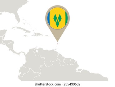 Map with highlighted Saint Vincent and the Grenadines map and flag