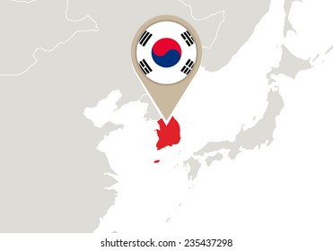 Map with highlighted South Korea map and flag