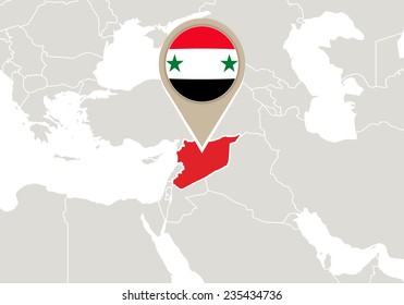 Map with highlighted Syria map and flag