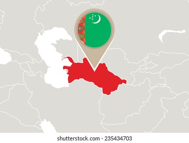 Map with highlighted Turkmenistan map and flag