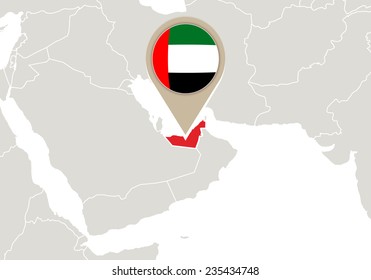 Map with highlighted United Arab Emirates map and flag