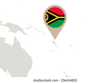 Map with highlighted Vanuatu map and flag