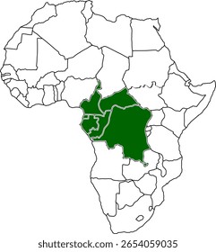 Map highlighting Congo Basin Rainforest countries with borders only, ideal for environmental, biodiversity, and climate change education.