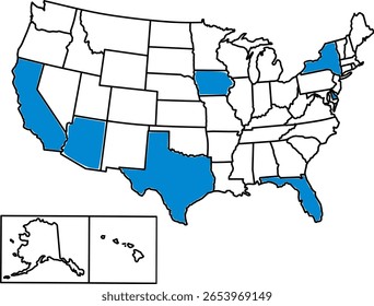 Mapa destacando os principais estados-centro de imigrantes dos EUA, mostrando apenas fronteiras, ideais para migração, demografia e uso educacional.	