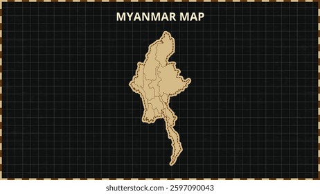 A Map highlighting Myanmar Map, Myanmar modern map with Gold and Black Color Hi detailed Vector, geographical borders, Myanmar Map Vector Illustration