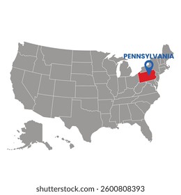 Map highlighting Pennsylvania's location within the United States with a blue marker pin, ideal for educational or business presentations.