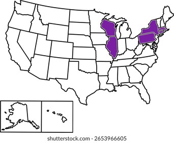 Mapa destacando os estados da Ivy League dos EUA com apenas fronteiras, perfeito para a educação, academia, mapas universitários e visuais de geografia cultural.	