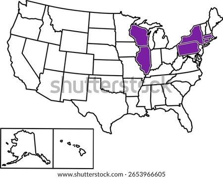 Map highlighting U.S. Ivy League states with borders only, perfect for education, academia, college maps, and cultural geography visuals.	