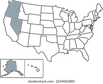 Mapa destacando os estados do Cinturão sem Igrejas dos EUA, com fronteiras apenas, ideais para estudos de religião, cultura, sociologia e demografia regional.	