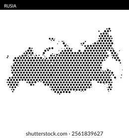 The map highlights Russia's geographical outline with a dotted pattern, displaying the vast land area and unique shape.