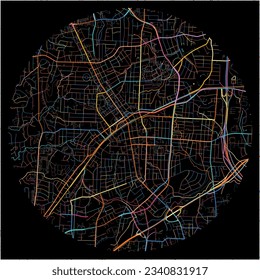 Mapa de HighPoint, Carolina del Norte con todas las carreteras principales y menores, ferrocarriles y vías fluviales. Coloridas líneas de arte sobre fondo negro.