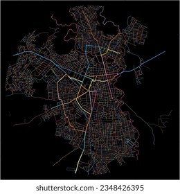Map of Higuey, La Altagracia with all major and minor roads, railways and waterways. Colorful line art on black background.