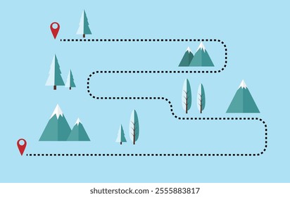 Map of a Hiking Route Among Winter Forests and Mountains. Landscapes and outdoor adventures vector art