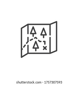 Mapa con el icono de la ruta de senderismo. signo de estilo lineal para concepto móvil y diseño web. Icono de vector de contorno de mapa de acampada. Símbolo, ilustración del logotipo. Gráficos vectoriales