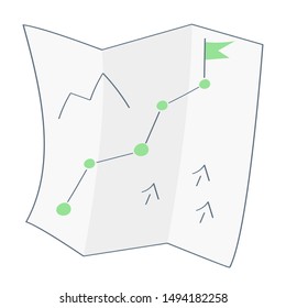 Map with hiking route. Roadmap, tourist guide concept. Flat linear vector illustration.