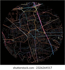 Map of Hilden, North Rhine-Westphalia with all major and minor roads, railways and waterways. Colorful line art on black background.