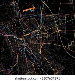 Map of Hildesheim, Lower Saxony with all major and minor roads, railways and waterways. Colorful line art on black background.