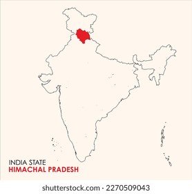 Mapa de Himachal Pradesh, ubicación del estado de Himachal Pradesh en el Mapa Indio, mapa esquemático de India con esquema Mapa estatal de Himachal Pradesh.