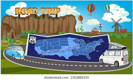 Map of Historic Route 66 road trip from start to finish   visit the cities that are on the way.flat style vector illustration.