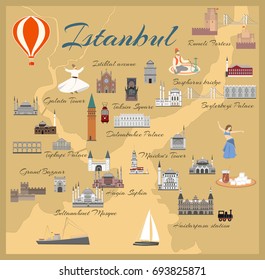 Map of the historical center of Istanbul with sights flat style vector illustration. Popular buildings for tourists. Tourism and travel.