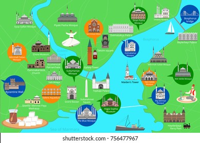Map of the historical center of Istanbul with sights flat style vector illustration. Touristic map of Istanbul.