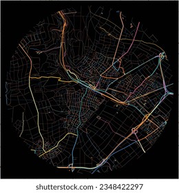 Map of HofheimamTaunus, Hesse with all major and minor roads, railways and waterways. Colorful line art on black background.