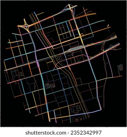 Map of Hohhot, Inner Mongolia with all major and minor roads, railways and waterways. Colorful line art on black background.